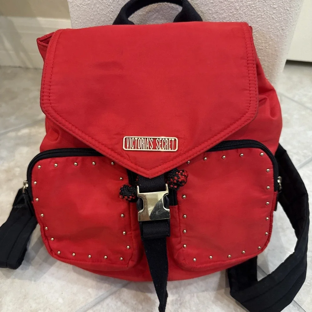 Victorias Secret BACKPACK - RED W/GOLD STUDS - Drawstring Close‎ Buckle Pockets